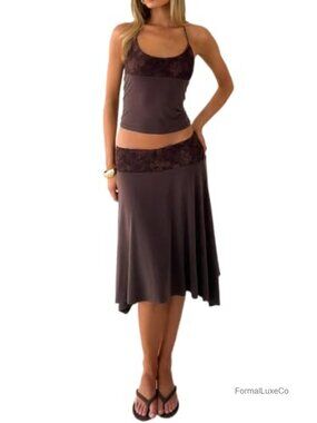 Women 2 Piece Skirt Set Halter Top Asymmetrical Flowy Midi Skirt Outfit